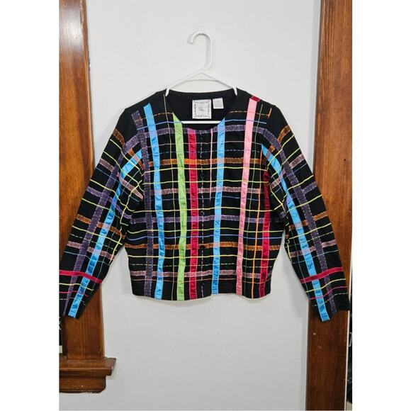 VTG 90s Michael Simon Lite Womens Cardigan Ribbon Plaid Sz Medium 100% Cotton - Picture 10 of 12